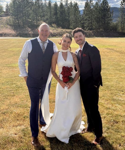 Nicole and Fraser, June 20, 2026 - Photo of Jeff with Nicole and Fraser, the bride and groom