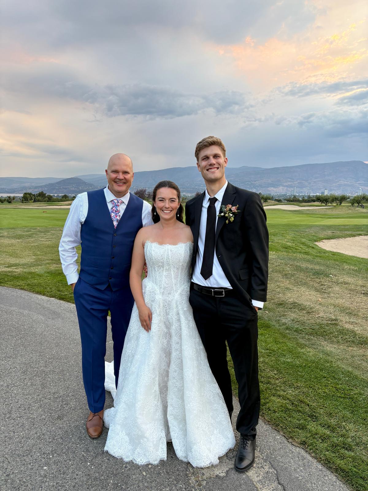 Luke Jonker, August 14, 2026 - Photo of Jeff with Luke and Taylor at their wedding at the Harvest Golf Club